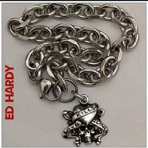 New ED HARDY Love Kills Slowly Skull Charm Bracelet on Stainless Steel Chain 8"